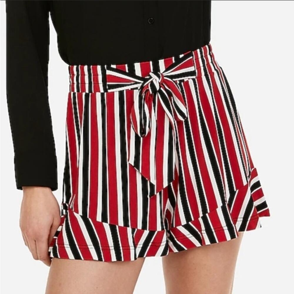 Express NEW High Waisted Striped Ruffle Shorts Womens Small Red Black White NWT